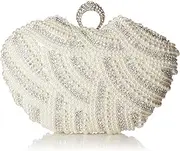 [Damara] Womens Luxury Special Crystals Beaded Pearl Clutch Bag,White