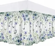Elegant Leaf Butterfly Bed Skirt Queen Size, 16-Inch Drop Elastic Bed Skirting Watercolor Idyllic Dust Ruffles Bedding Decoration with Wrap Around Adjustable Bedskirt for Queen Bed