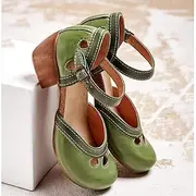 Women's Vintage Green Mary Jane Faux Leather Heels with Cutout Design and Adjustable Strap – Comfortable Retro Block Heel Shoes for Casual and Formal Occasions
