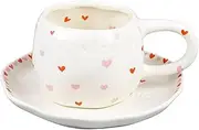 Handcrafted Pink Heart-Shaped Coffee Mug and Saucer Set - Unique 10 oz Ceramic Espresso Cups, Cute & Creative for Home and Office