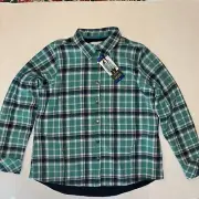 Orvis Snap Front Shirt Jacket Women's L Sea Glass Green Flannel Lined Plaid Snap