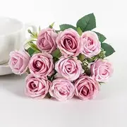 AU019-5 Purple Fake Roses Bouquets Realistic Artificial Plants in Plastic,Roses for Wedding Bouquets,Contains Ten Roses and a Few Eucalyptus,28cm(11")