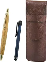 SASTYO-ALL-HS47S Chevrolet Choco Color Cowhide Pen Case Metal Touch Stick Blue and Maple Wooden Axis Retro Ballpoint Pen Set