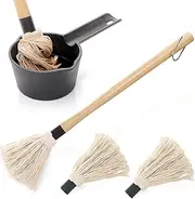Cast Iron Sauce Pot and BBQ Mop Brush Set for Grilling, 4 Pcs Barbecue Accessories Include Basting Melting Saucepan, Wooden Sauce Mop with 2 Replacements for Meat Smoker, Grill, Stove