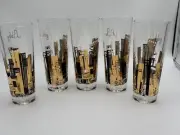 New 5 Vintage Libby Cityscape gold and black highball glasses 60's Rare