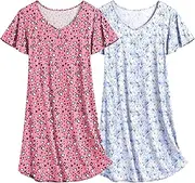 [Ekouaer] 2 Pack Nightgowns for Women Flare Short Sleeve Sleepshirt V Neck Sleepwear Plain/Floral Print Pajama Dress