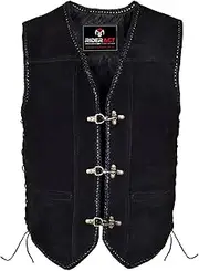 RIDERACT Mens Motorcycle Leather Vest Black & Brown Suede Motorbike Vest Biker Protective Gear Riding Waistcoat V-Neck Style with Triple Clasp Closure