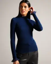 NWT Ted Baker Women's Dvana Frill Neck Mid Blue Lightweight Sweater, Size 2(6US)