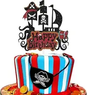 1 PCS Skeleton Pirate Ship Cake Topper - Beware Of Pirates - Birthday Party Theme treasure hunt set sail loot treasure octopus boat boys birthday party Decoration