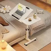 Lifting and Rotating Laptop Desk for Home and Office, C Shape Side Table Adjustable Height Bed End Table with Rollers, Mobile Laptop Computer Standing Desk Cart (White 60x40x59 cm)