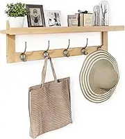 SMIBUY Coat Hooks with Shelf Wall-Mounted, 74 cm Entryway Coat Rack for Wall, Bamboo Hanging Shelf with 5 Double Metal Hooks for Bathroom, Bedroom, Kitchen, Living Room, Mudroom (Natural)