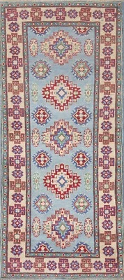 Light Blue/ Ivory Super Kazak Narrow Runner Rug 2' 9" x 6' 6'' Handmade Carpet