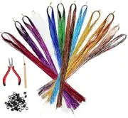 FOYTOKI 1 Set Glitter Hair Extensions for Women Color Tinsel Kit with Crochet Hook Hair Rings Plier for Easy Installation for Parties Festivals