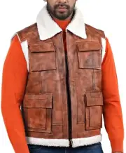 Men Aviator Evan Hart's Inspired Sheepskin Distressed Tan Waxed Fur Leather Vest