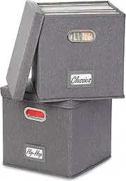 ZICOTO Decorative Vinyl Record Storage Box Set of 2 For 100+ Single Records – Sturdy LP Holder Crate Organizes All Your Favorite Classic, Oldies, or Recent Hit Albums in Style