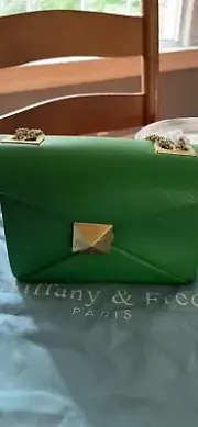 Tiffany & Fred Green Leather Handbag With Goldtone Chain Strap 7-1/2 X 5” - NWT