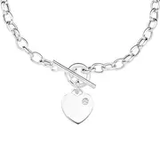 Silver Oval Belcher With Cubic Zirconia Heart Fob Necklet