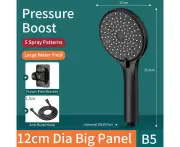 Round Shower Head 120 mm big panel 3 colors 5 Gears + Soft Hose 1.5m + Holder-Silver