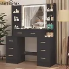 Black Large Dressing Table Lighted Makeup Mirror Desk 3 Color Dimmable Lighting