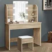 ALFORDSON Dressing Table Stool Set Makeup Vanity Table with Mirror 10 LED Bulbs in Adjustable 3-Colour Light/Brightness, Vanity Table Organiser with Storage Drawers for Bedroom Dressing Room, White
