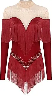 [RUNQHUI] Gymnastics Leotard for Women Mesh Patchwork Long Sleeve Fringe Bodysuit Samba Tango Performance Dresses