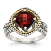 Sterling Silver 14K Accent Antiqued Checkerboard Cushion Garnet Ring Size 7