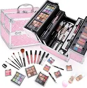 YBUETE Professional Makeup Kit for Girl Women, Full Starter Cosmetic Set with Storage Case, Reusable Full Cosmetic Train Case Included Foundation Eyeshadow Blush Lipstick Lip Liner Mascara Eyeliner