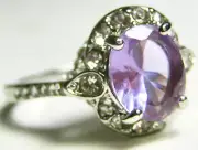 Size 10 Ring Silvertone with Amethyst Colored Stone, Rhinestones Two Levels