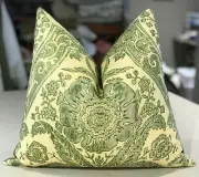 ONE SCALAMANDRE GREEN ON YELLOW "LUCA" HAND BLOCKED LINEN CUSTOM LUMBAR PILLOW