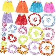 TINEASUR 6 Sets Hawaiian Leis and Grass Skirts for Adults Tropical Luau Party Costume Decor with Elastic Design Single Skirts and Classic Flower Garlands for