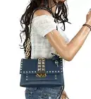 MICHAEL KORS CECE MEDIUM FLAP POCKET SHOULDER CROSSBODY BAG NAVY GOLD STUDS