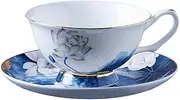 LE POTOCIO Bone China Tea Cup and Saucer Set, Lotus and Lotus Leaf Design, Vintage Tea Cups and Saucers for Tea Party or Gift Giving (1, Blue)