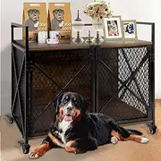 41'' Dog Crate Furniture, Wooden Dog Crates for Large Medium Dogs, Heavy Duty Dog Kennel Indoor with Lockable Wheels, Furniture Style Dog Cage for Living Room,Rustic Brown