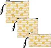 Yellow White Striped Ginkgo Biloba Leaf 3-Pack Reusable Zipper Snack Bags Multi-Use Food-Safe Storage Zipper Bag for Women Girls Trip