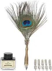 Joyzan Peacock Feather Pen, Vintage Ballpoint Quill Ink Set Writing Calligraphy Metal Antique Office Supplies 5 Replacement Nibs Empty Bottle Birthday Wedding Signature Christmas Gift Party Letter