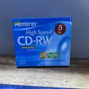 5 PACK Memorex High Speed CD-RW 12x 700 MB 80 Min Rewritable CD Discs NEW SEALED