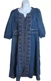 Vicky Lucas Chambray Embroidered Drawstring Button Front Midi Dress Sz M - SALE