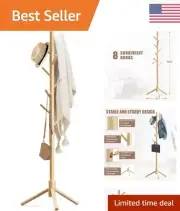 Adjustable Wooden Coat Rack Stand with 8 Hooks - Easy Assembly, Space Saving