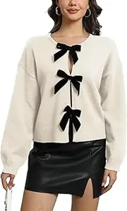 [Ladyful] Womens Bow Tie Front Cardigan Long Sleeve Cropped Sweater Open Front Trendy Knit Top Coat