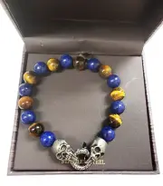 BAIN MILLER LAPIS,TIGER'S EYE BEADED,ANTIQUE SILVER TONE SKULL MEN BRACELET-8.5"