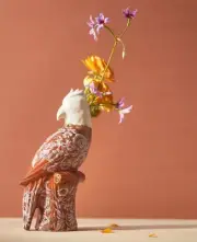Anthropologie Avian Vase Lovebird Bird Parrot Cockatoo Handpainted Brown NEW