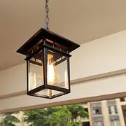 Pendant Light, Black Metal Lantern Style, Glass Panels, Chain Mount, E27 Base, Kitchen Restaurant Bar Balcony Hanging Pendant Light, Bulb Not Included (Black)