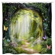 Green Forest Fantasy Shower Curtain Butterfly Jungle Enchanted Spring Garden