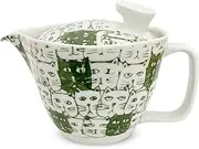 J-Kitchens Isayama Kiln Teapot with Tea Strainer, 8.5 fl oz (240 ml), for 1 to 2 People, Hasami Yaki, Made in Japan, Cats, Green, S
