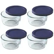 Pyrex (4) 7202 Clear Glass Bowls & (4) 7202-PC Dark Blue Plastic Lids