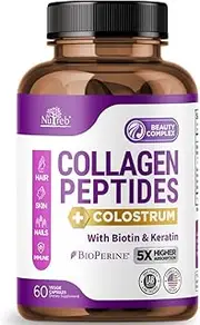Nutreb Collagen Peptides for Women with Colostrum, Biotin and Keratin - Type I, II, III, V, X - 5X Higher Absorption - Hair Skin and Nails Vitamins - Collagen for Women - Collagen Pills - 60 Capsules