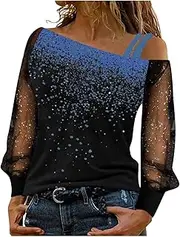 [Generic] Women Black Long Shirts Shiny Sequin Shirts Glitter Graphic Tees Tops Print T-Shirt Casual Loose Long Sleeve Tops Fashion Off Shoulder Party Blouse Fashion Shiny Top