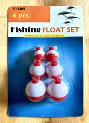 TOPLINE FISHING BOBBER FLOATS SET 6-PACK RED & WHITE ALL WATER CONDITIONS NEW