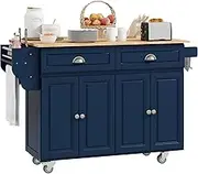 HOMCOM Rolling Kitchen Island Cart with Drop Leaf, Kitchen Cart on Wheels with Rubber Wood Top, 2 Drawers and 2 Storage Cabinets, Island Table for Kitchen, Dining Room, Dark Blue