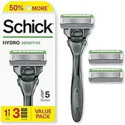 Schick Hydro Sensitive Razor, 1 Razor Handle and 3 Cartridges | Razors for Men Sensitive Skin, 5 Blade Razor Men, Mens Razors for Shaving, Razor Blades for Men, 1 Handle with 3 Razor Blades Refills